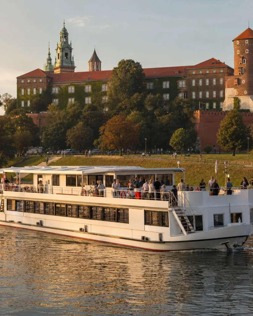 Statek wycieczkowy na Wiśle pod Wawelem o złotej godzinie