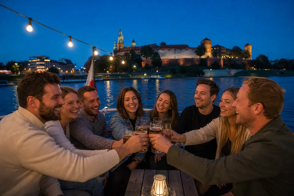 Grupa znajomych na pokładzie statku na Wiśle o zmierzchu, w tle oświetlony Wawel