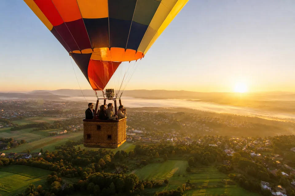 Balon na ogrzane powietrze z pasażerami nad polami pod Krakowem o wschodzie słońca