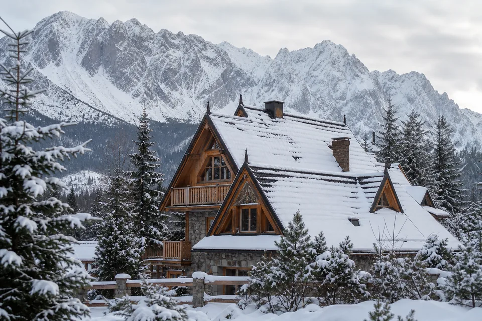 Drewniana chata i Tatry w miękkim świetle dziennym