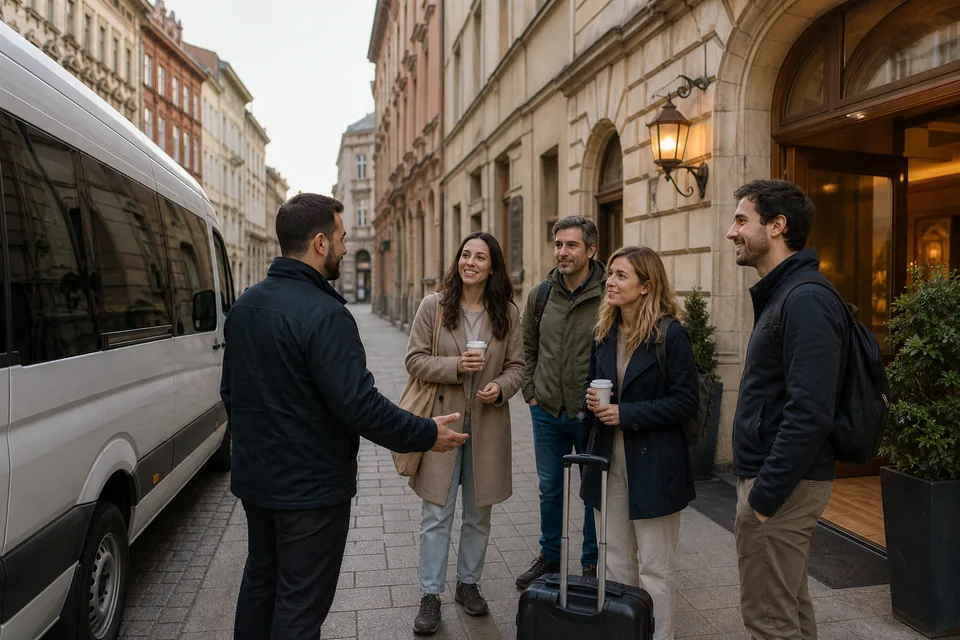 Kierowca wita dorosłych turystów przy busie przed hotelem w Krakowie o poranku